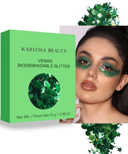 Vegan Biodegradable Chunky Glitter // Karizma Beauty Green Face Bio Glitter Eco Glitter Festival Chunky 10g