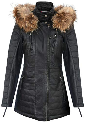 Infinity Leather Chaqueta Parka de Cuero Negra Para Mujer Acolchada Desmontable Con Capucha Gabardina 2XL