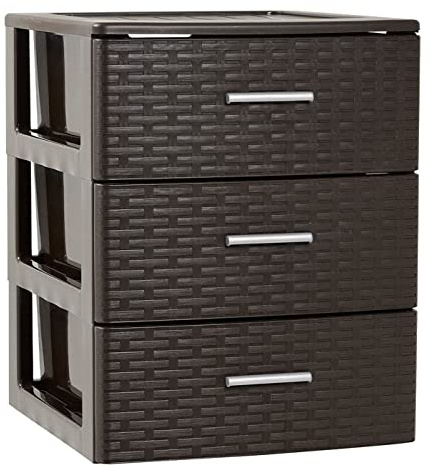 Tradineur - Cajonera de ordenación Rattan de plástico - 3 cajones - Torre de almacenaje multiusos, organizador auxiliar, almacenamiento, baño - 46,5 x 36,5 x 36,5 cm - Color Wengué