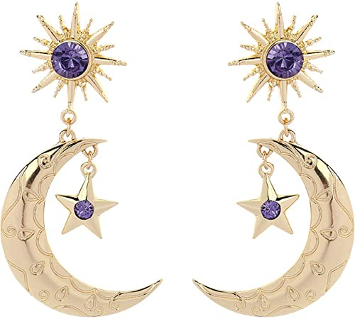 Gilieyer Pendientes de Aro Colgantes de Estrella y Luna, Pendientes Bohemios Delicados y Largos Pendientes de Asimetría Luna Creciente Estrella Joyería Punk Retro para Mujeres (Estilo 3)