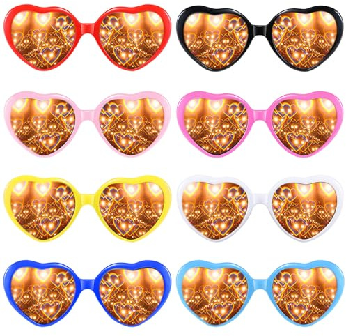 Vegena 8 Stück Herz Effekt Brille, 3D Pfirsichherz Brille Beugungs Brille Retro Partybrille für Kostümfest Fasching Musik im Freien Party Bar Feuerwerk (Farbe)