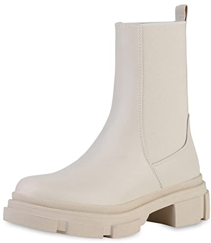 Giralin Damen Stiefeletten Plateau Boots Stiefel Profilsohle Schuhe Lederoptik Schlupfstiefeletten Blockabsatz Plateauschuhe 208325 Beige Plateau 38