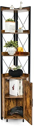 GIANTEX Eckregal Stehend mit Schrank & 6 Ebenen, 180 cm Hoher Eckschrank mit 5-stufig Verstellbarem Regal, Freistehende Eckvitrine mit Tür, Aufbewahrungsregal Industrial für Wohnzimmer, Küche