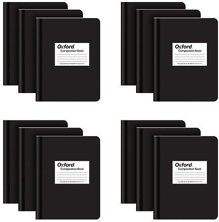 Oxford Composition Notebook 12 Pack, School Supplies, Notebooks for School, Writing Journals, College Ruled Paper, Note Taking Book, 7.5 x 9.75 Inches, 80 Sheets, Black Covers (63945)