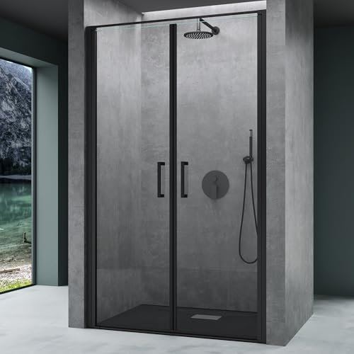Mai & Mai Duschtür Nischentür dusche Duschabtrennung Duschkabine Schwingtür 180° Doppeltür 90x195cm 8mm ESG Nano-Beschichtung Klarglas mit Hebe- und Senkmechanismus Teramo66 Schwarz