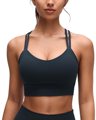 CRZ YOGA Softness Mold Butterluxe Strappy Longline Sports Bras for Women - Double Spaghetti Strap Workout Yoga Crop Top True Navy Medium