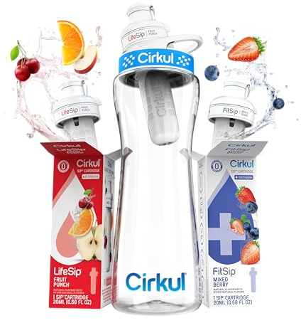 Cirkul 22oz. BPA-Free Plastic Water Bottle Starter Kit with Blue Lid, 2 Flavor Cartridges (1 LifeSip Fruit Punch, 1 FitSip Mixed Berry) Zero Calories and No Sugar