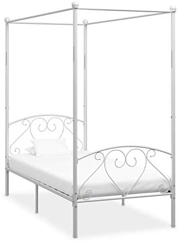 Gecheer Bed Frame 4 Poster Bed Base White Metal 90x200 cm Canopy Bed with Storage Underneath Bedroom FurnitureType2