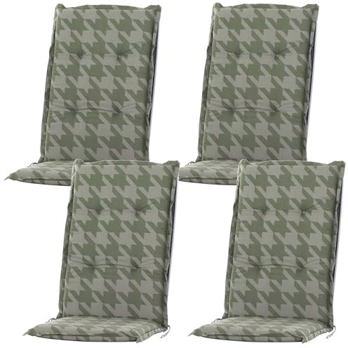 BURI 4X Auflagen Set Hochlehner für Gartenstühle 120x48x7cm Sesselauflagen Polster UV Lichtecht - Gartenstuhlauflagen mit Muster Stuhlkissen mit Dicker Schaumstoff Füllung grün kariert