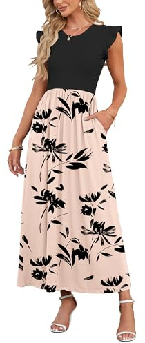 AUSELILY Women Summer Maxi Dress Ruffle Petal Short Sleeve Dresses with Pockets Casual Crew Neck Beach Long Dress Elegant Floral Brown Black L
