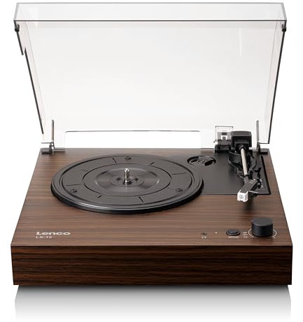 Lenco LS-15WD Platine Vinyle - Réception et Transmission Bluetooth- 2 Haut-parleurs intégrés - Micro AT3600L - Entraînement par Courroie - Arrêt Automatique - 33-45 TR-Min - AUX et RCA - Marron