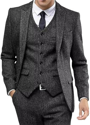 Traje de Boda de Espiga Tweed para Hombre, Esmoquin graduación 3 Piezas, Vestido Solapa Pico, Negro, Grande