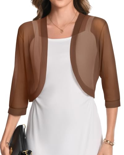 Womens Mesh Shrugs Summer Open Front Cropped Cardigans Sheer Bolero Tops | lightweight and soft, see through, elegant sheer shawl, solid color cover up, for wedding and evening dress