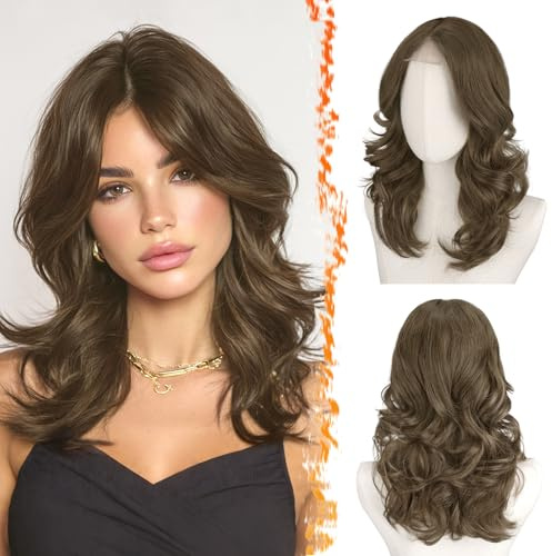 BARSDAR Corta Ondulada Claro Marrón Peluca, 40cm Shoulderlongitud Marrón Pelucas para Mujer Corta Loose Wave Textured Layered Peluca con Curtain Bangs Sintética Aspecto Natural Pelucas de Pelo Diario