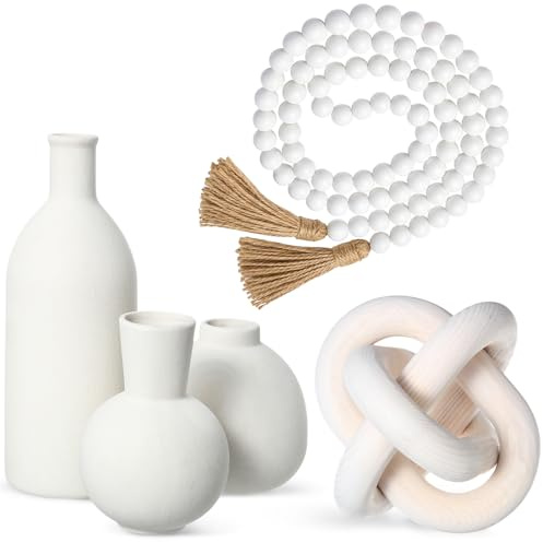 Ferrochef 5 Pieces Country Style Ceramic Vase Set Table Centerpieces for Living Room 3 Pcs Bohemian Style Ceramic Vases with Wood Knot Chain Rings, Wooden Bead Garland Tassel Table Decor (White)