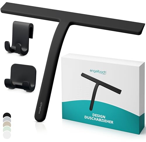 Engelbach® Limpiacristales para Ducha - sin Rayas y silencioso – Limpia Cristales ergonómico y Antideslizante - rasqueta mampara Ducha, con 2 Soportes incluidos, 28cm, Negro