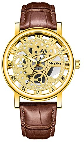 Män affärer mode herrar kvartsur män botten ihålig imitation mekanisk klocka män bälte klocka män armbandsur herr armbandsur, Brun, One Size