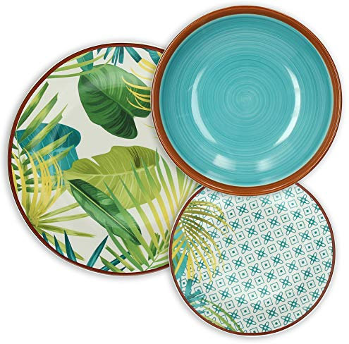 Tognana Jungle Servizio Piatti Per 6 Persone, Porcellana E Stoneware Decorato A Mano, Multicolore, 18 Pezzi