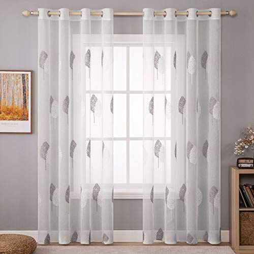 MIULEE Tende per Interni Moderne 2 Pezzi 140x260 CM, Voile Tenda Finestra Interno Salotto, Tenda Trasparente con Ricami a Foglie Bianche e Grigie, Fantasia Tende Camera da Letto Soggiorno Occhielli