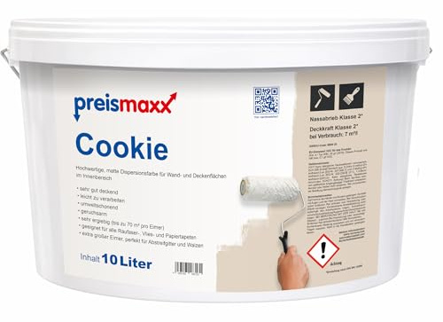 Preismaxx Perfektweiß Wandfarbe cookie matt 10L - Innenwandfarbe beige für kreative Wandgestaltung, Innenfarbe keksfarben, hohe Deckkraft Klasse 2, Trendfarbe für Wohnzimmer, bunte Akzentfarbe