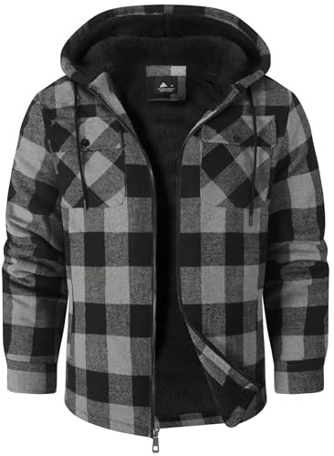 SwissWell Herren Hemdjacke Verdicken Karierts mit Reißverschluss Flanelljacke Plüschfutter Freizeit Gefüttert Kapuzenpullover Männer Winter Hemd Fleece Hoodie Winterjacke mit Taschen(Dunkelgrau XL)