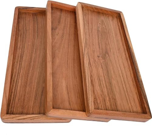 Indus Lifespace Lot de 3 plateaux rectangulaires en bois d'acacia pour décoration de la maison, aliments, légumes, fruits, charcuterie, plateau de service (33,02 cm x 13,97 cm x 1,90 cm)