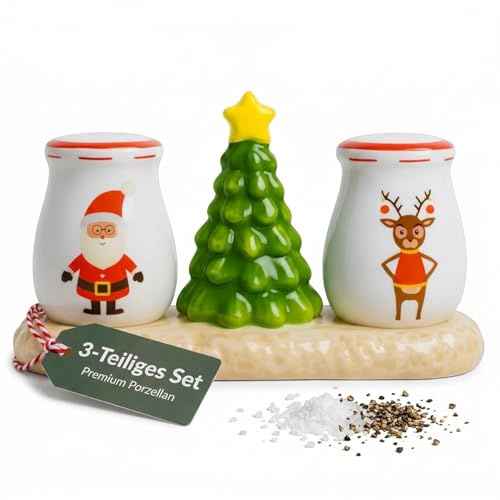 MIJOMA Salt- och pepparströarset jul av porslin – livsmedelssäker och lätt att fylla med silikonpluggar – jultomten och ren på bricka med gran i 3 delar