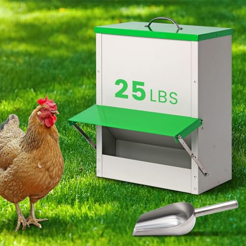 Comederos automáticos para pollos de 11.3 kg, alimentador de metal para aves de corral, sin residuos, comederos grandes para gallineros con tapa, comedero para pollos y patos, comedero exterior