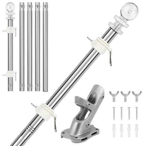 KOMCLUB Fahnenmast aus Edelstahl Silber mit Fahnenmasthalter aus Edelstahl, Edelstahl 180 cm Fahnenstange kit mit Halterung mit Drehbaren Ringen/Silber Basis