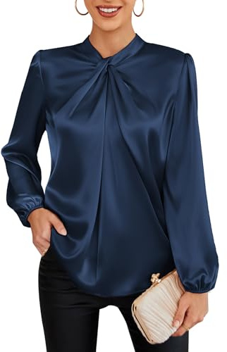 GRACE KARIN Women's Satin Silk Tops 2026 Mock Neck Dressy Blouse for Party Casual Long Lantern Sleeve Elegant Shirt Navy Blue S