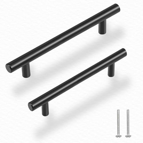 QMAHA 10Pcs Poignee Meuble Noir, Cuisine Porte Poignées Avec Vis, T Poignées Placard Tiroir, Poignee de Meuble en Acier Inoxydable, Poignet de Porte pour Cuisine, Chambre, Bureau (Entraxe 96mm)
