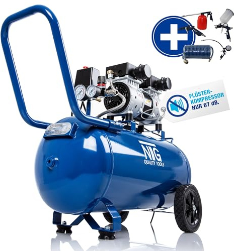 Compressore silenzioso NTG 9 bar | Serbatoio da 50 l | Potenza 1470 W | Senza olio | versatile con manometro e regolatore di pressione Serbatoio da 50 l (compressore con starter kit)