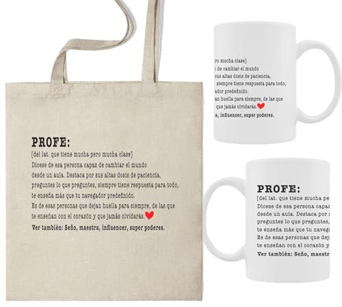 Pack taza profe + bolsa de tela, kit regalo fin de curso para la profe, bolsa de tela definición profe, regalo fin de curso profesores, (Pack Definición Profe)