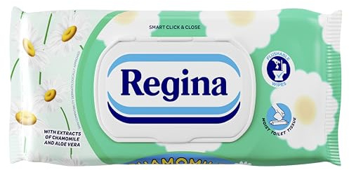 Regina Chamomile Fuktgivande Toalettpapper, 12 förpackningar med 42 blad, kamomill och Aloe Vera Extrakt, Naturvård, Vegan, Dermatologiskt Testat, Spolbar, Bekvämt Stängningssystem