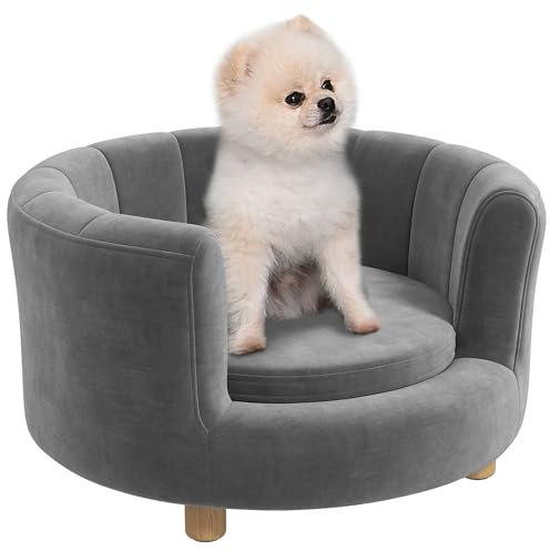 PawHut Hundesofa Hundecouch, Waschbarer Bezug, Haustiersofa mit Rückenlehne und Holzbeine, Katzensofa, für kleine Hunde unter 4,5 kg, Grau