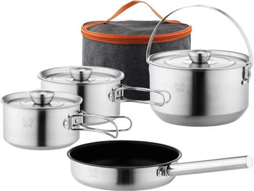 Camping Kochgeschirr Set, Camping Kochset, Töpfe und Pfannen für Lagerfeuer Kochen, beinhaltet Reise Einkaufstasche für 4-6 Personen