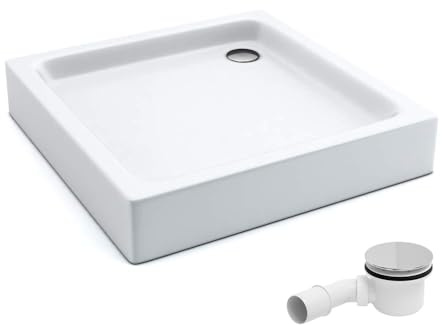 AQUABAD Duschwanne/Duschtasse | Komplettset Forta Plus mit LeakProtect Technologie Smooth White 90x90cm Quadrat | inkl. Ablaufgarnitur/Siphon Alcadran A49CR