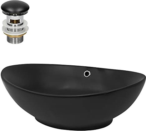LuxeBath Waschbecken Keramik 590x380x190 mm oval Schwarz mit Ablaufgarnitur Schwarz, Aufsatzwaschbecken für Badezimmer/Gäste-WC, Aufsatzbecken modern, Waschtisch Waschschale Waschplatz Handwaschbecken