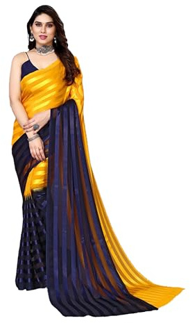 ETHNICMODE Indian Saree For Women Soft Satin Light Weight Party Wear Yellow Sari With Unstitched Blue Blouse Piece-1108