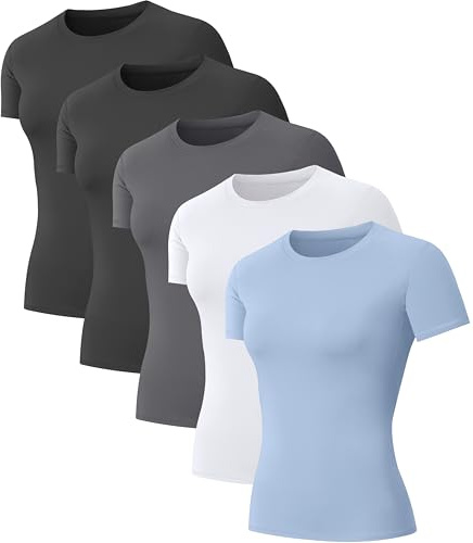 NebuKinex 5-Pack Women's Compression Shirts Short Sleeve Workout Tops Athletic Baselayer Quick Dry Gym Yoga Running T-Shirt Large