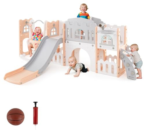 GOPLUS 10 en 1 Toboggan Interieur Exterieur Enfants Balançoire, Panier de Basket, Aire de Jeux Enfants en Plastique, Cabane de Jardin avec Echelle, 252 x 150 x 102CM, pour 1 Ans+ (Rose)