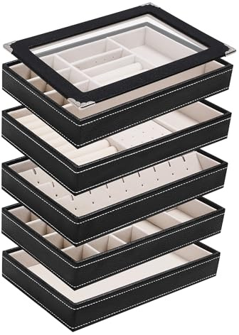 Boxudeli Vassoi per gioielli a 5 strati, impilabili, con coperchio trasparente, vassoio espositore per gioielli per cassetto, grande portagioie (Nero, Cinque ripiani con coperchi separati)