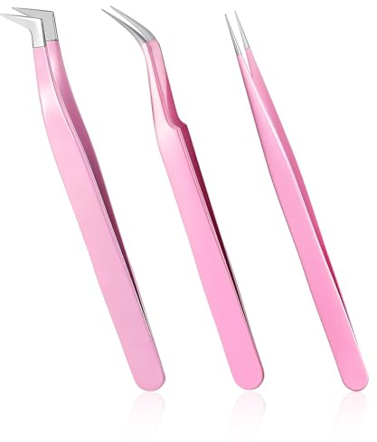 3 Stück Wimpern Pinzette, Edelstahl Gerade und Gebogene Spitze Wimpernpinzette Set, Falschen Wimpernpinzette Extensions Professionelle Pinzette Wimpern für Wimpernverlängerungen