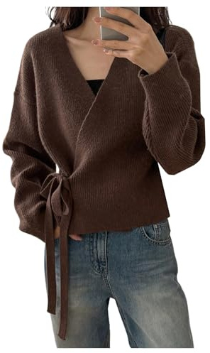 SweatyRocks Women's Wrap Cardigan Sweaters Tie Front Long Sleeve Soft Knit Dressy Work Tops Coffee Brown Small