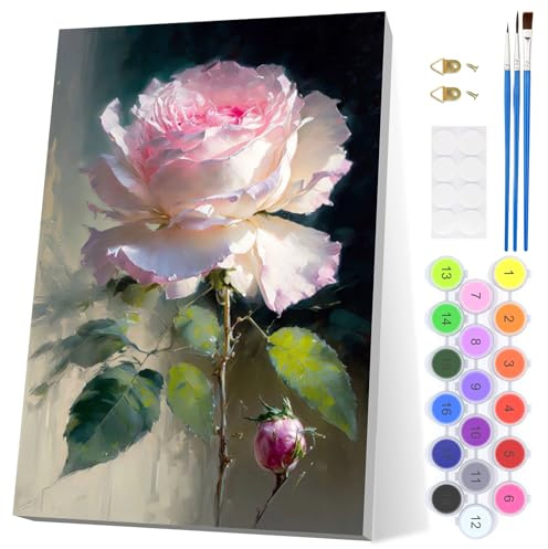 EOBROMD Pintar por Numeros Adultos, Rosa Pintura por Numeros con Marco, Flores Kit de Pintura al óleo de Lienzo DIY para con Pinceles, Pigmento Acrílico, Decoración para el Hogar 20x30cm