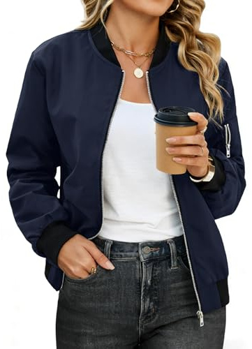 CMTOP Giacca Bomber Donna Giubbotto Casual Elegante Giacche Leggera Corto con Zip Cappotto da Pilota Primaverili Outwear Outdoor Antivento per Estate e Autunno(Blu Navy, S)