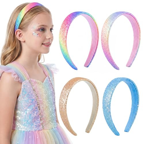 Needbrock 4 Pcs Headbands for Girls, Glitter Rainbow Silver Blue Sparkly Sequin Hair Accessories for Girls Headbands for Parties Holidays Back to School Daily Outfits Easter Basket Stuffers