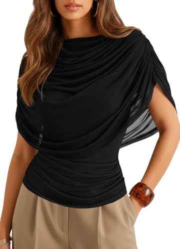 HAWILAND Women Ladies Sheer Mesh Ruched Draped Front Short Sleeve Top Elegant Classy Blouse Shirts Black Medium
