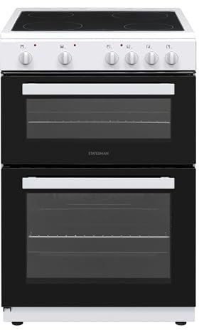 Statesman EDC60W Fan Assisted Double Oven Electric Cooker, 4 Zone Ceramic Hob, 60cm Wide, 2 Chrome Oven Shelves, Double Glazed Door, Adjustable Height, White