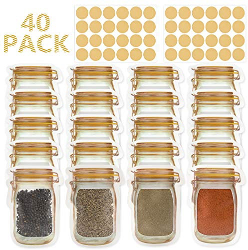 Mlife Spice storage Bags-40 PCS Small Mason jar Spice Jars Bags with 48 PCS Spice Labels,Snack Saver Container Leak-Proof Zip-Lock Bags for Travel Camping Picnic